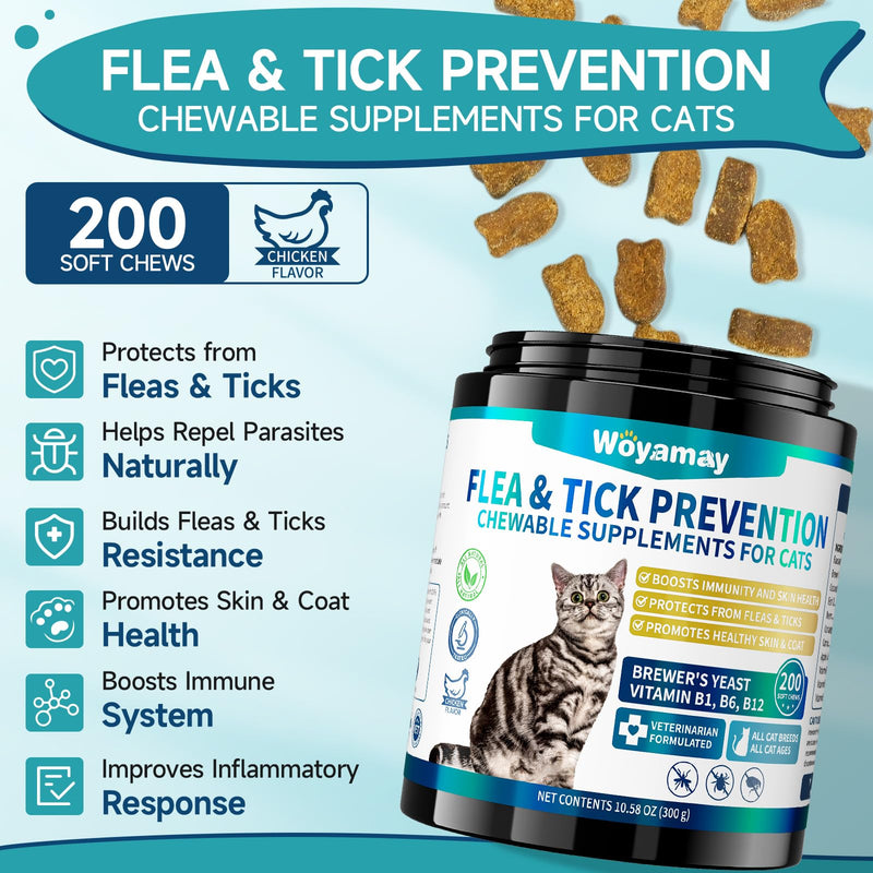Flea Treatment for Cats, 200 Treats Flea and Tick Prevention for Cats Chewables, Natural Cat Flea and Tick Treatment Pills Daily Oral Flea Supplement, Kitten Cat Flea Treatment, Chicken Flavor - BeesActive Australia