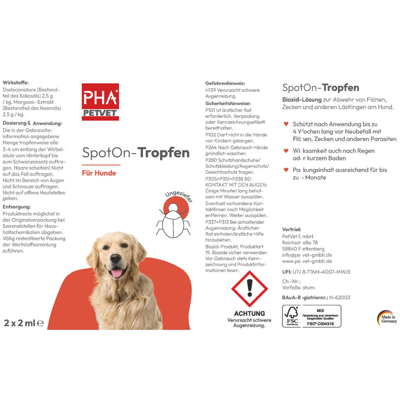 PHA Spot on drops for dogs to ward off fleas, ticks and other pests, plant biocide, 2 plastic tubes of 2 ml each - BeesActive Australia