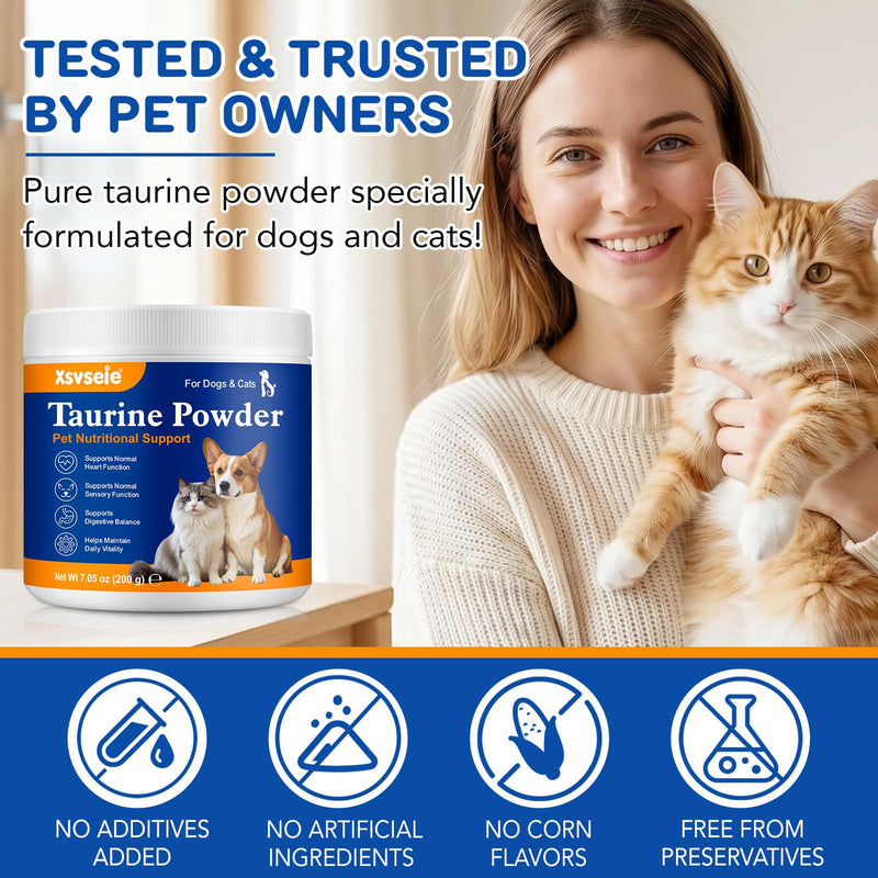 Taurine Powder for Cats & Dogs, 200g Heart Supplement Powder Supports Heart, Vision, Skin & Coat and Immune System Health, Easy to Mix in Food