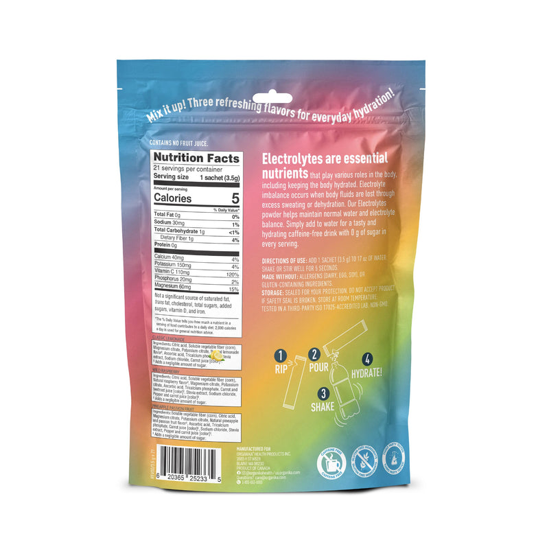Organika Daily Electrolytes Powder Variety Pack with Vitamin C & Prebiotic Fiber – 21 Single-Serve Sachets (Lemonade, Raspberry, Pineapple Passion Fruit), Sugar-Free, Caffeine-Free 2.47 Ounce (Pack of 1)