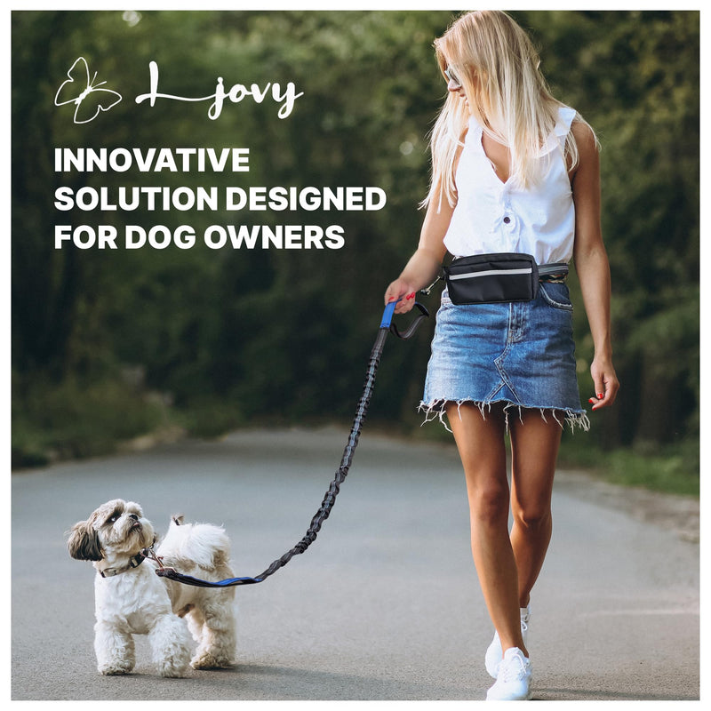 Hands Free Dog Leash with Waist Belt & Large Zipper Pouch, Waist Leash for Dog Walking, Running & Hiking, Reflective Stitching & Dual Padded Handles, Ideal for Medium to Large Dogs (25–125 lbs) Black Blue