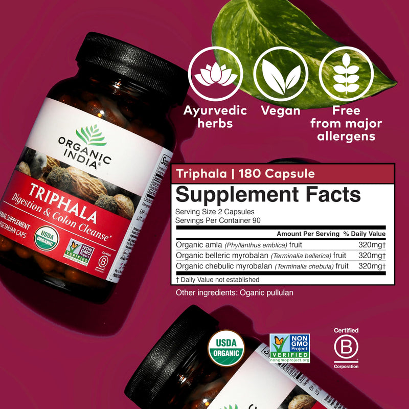 Organic India Triphala Capsules Organic - Herbal Supplement with Amla, Bibhitaki, Haritaki, Digestion & Colon Support, Immune System Support, Adaptogen, Vegan, USDA Certified Organic - 180 Capsules 180 Count (Pack of 1) - BeesActive Australia