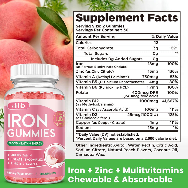 Iron Gummies with Multivitamin, Iron Supplement for Women & Men, Kids Multivitamin with Zinc, Vitamin B Complex & C, B12, Folate - Blood Builder, Energy Support, Peach Flavor, Vegan 120 Gummies 60 Count (Pack of 2)