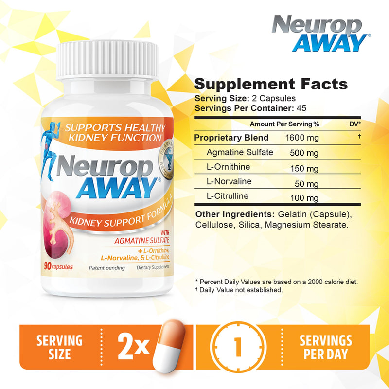 NeuropAWAY Kidney Support Formula Sugar Free with Agmatine Sulfate 500mg L-Novaline 50mg L-Ornithine 150mg L-Citrulline 100mg Per Capsule 90CT Fast Acting Kidney Support 90 Count (Pack of 1)