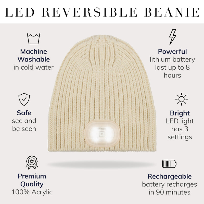 Headlightz® Reversible Knit LED Beanie – Rechargeable Lighted Hat, 2-in-1 Design, Machine Washable, Warm Winter Cap for Running, Dog Walking, Outdoor & Emergency Use - Ivory