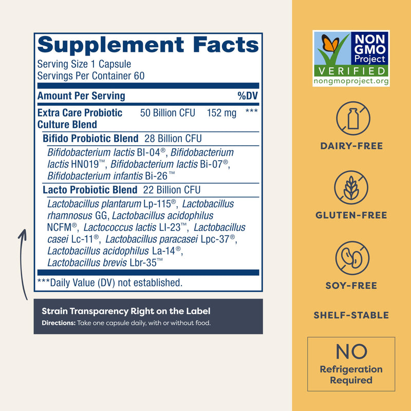 Renew Life Extra Care Digestive Probiotic 50 Billion CFU | 60 Vegetarian Capsules | Supports Digestive, Immune & Respiratory Health| Dairy, Soy and Gluten Free Supplement 60 Count (Pack of 1)