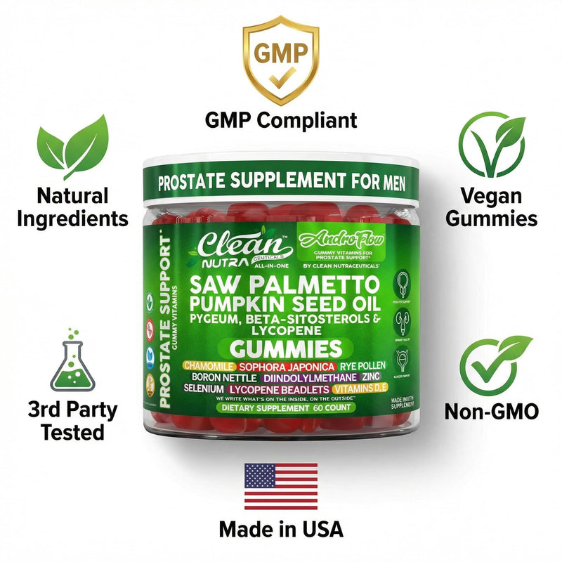 AndroFlow Saw Palmetto and Pumpkin Seed Oil Prostate Health Supplements for Men Pygeum Beta Sitosterol Lycopene Boron Zinc Selenium DIM Stinging Nettle Vitamin D, 60 Gummy Supplements By Clean Nutra