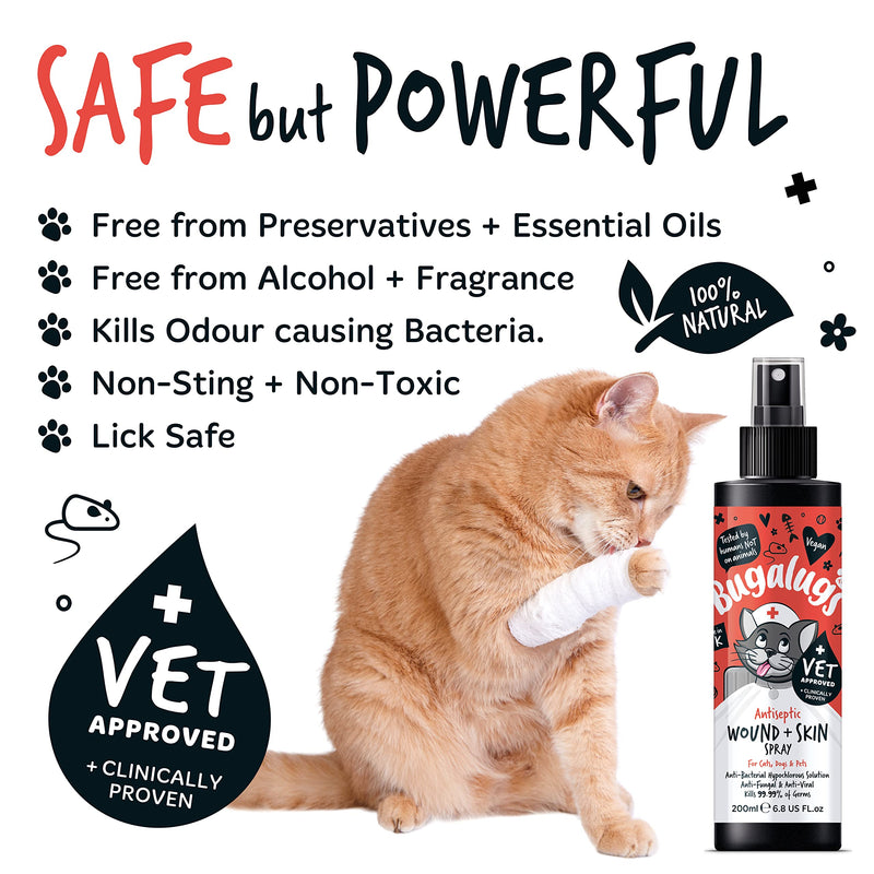 BUGALUGS Cat Wound & Skin Antiseptic spray 200ml - Antibacterial, Antiviral, Antifungal spray for itchy cat skin relief - Hypochlorous acid essential first aid kit for Cats and Pets Cat 200ml