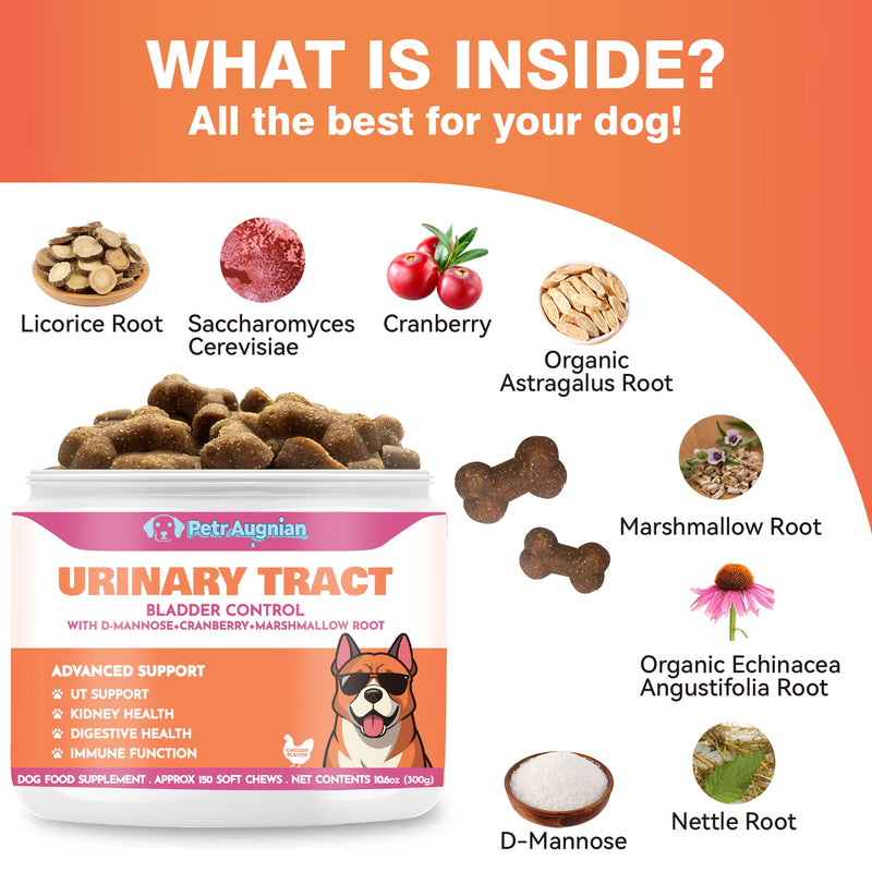 Dog Urinary Tract Supplement & Natural UTI Medicine Cranberry & D-Mannose -Kidney+Bladder Support - Best Prevention Incontinence & Bladder Stones-Cranberry Supplement - 150 Chews