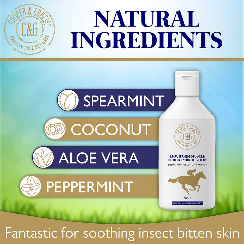 C&G Pets Horse Liquiform Muscle Scrub Embrocation 500ml – Natural Therapeutic Wash with Antiseptic & Antibacterial Properties by Cooper and Gracie | Fast-Absorbing Relief, Prevents Sweat Itch 500 ML