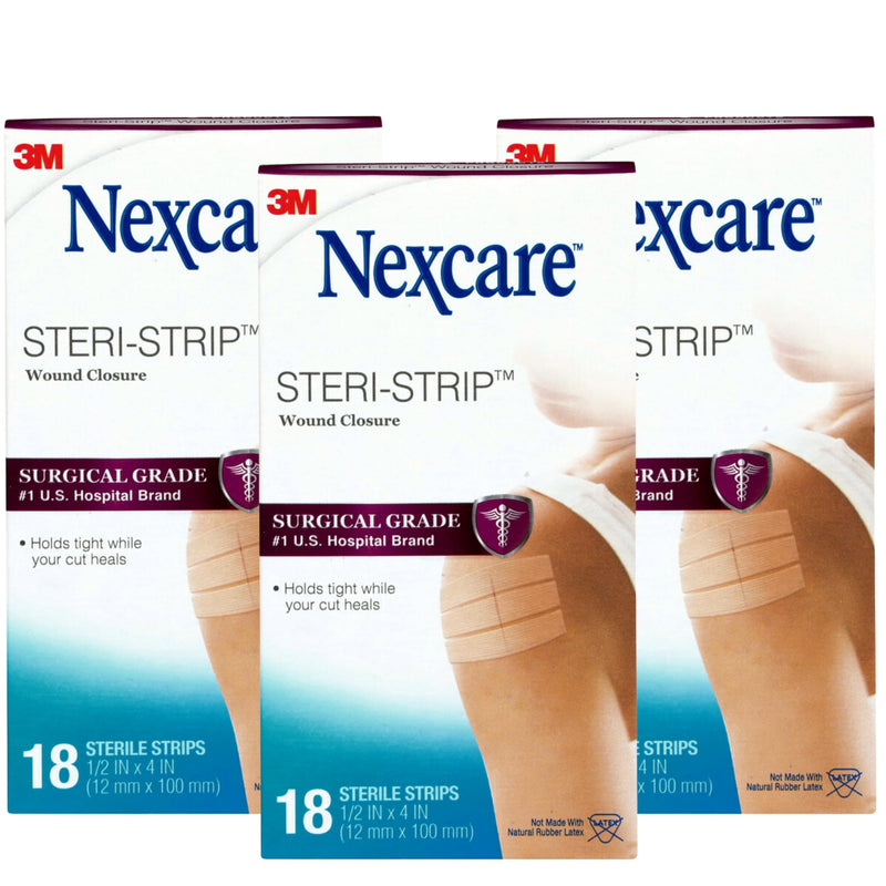 Nexcare Steri-Strip Wound Closure Strips, 3 Pack (54 Count), 1/2 in x 4 in (12 mm x 100 mm), Breathable Hypoallergenic Skin Closures, Latex-Free, First Aid Wound Support After Sutures or Staples