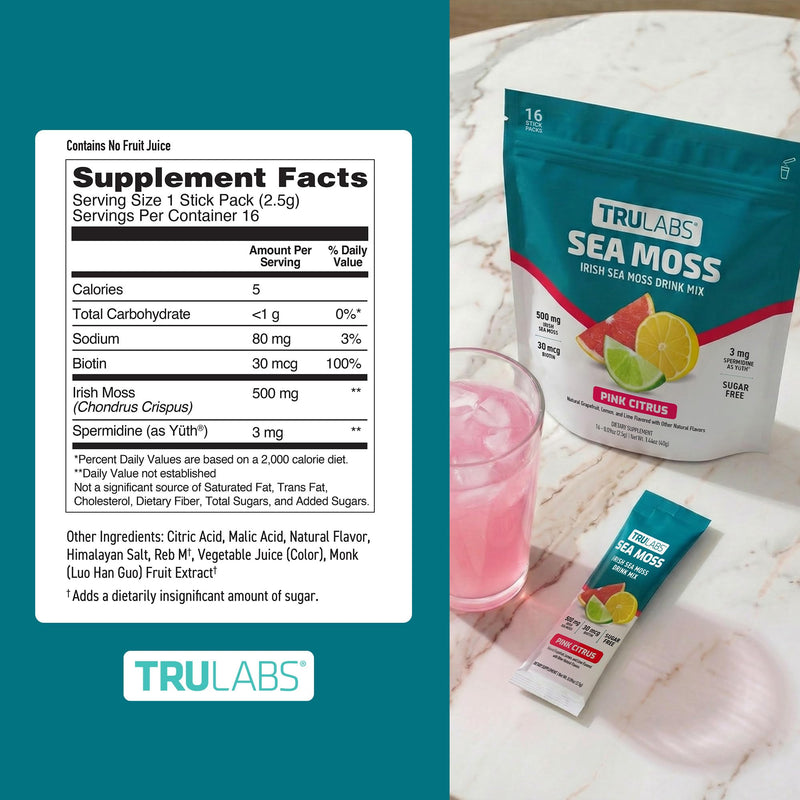 TRULABS Irish Sea Moss Powder Drink Mix – Pink Citrus Flavor, 500 mg Wildcrafted Sea Moss with 30 mcg Biotin and 3 mg Spermidine, Sugar-Free (16 Stick Packs)