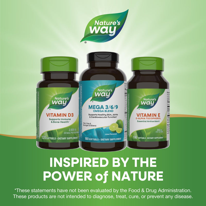 Nature's Way Mega 3/6/9 Omega Blend, Lime Flavor, 180 Softgels | Fish, Flax and Borage Oil Blend with Omega 3, 6 and 9 Fatty Acids to Support Healthy Skin, Joints & Cardiovascular Function* 180 Count (Pack of 1)