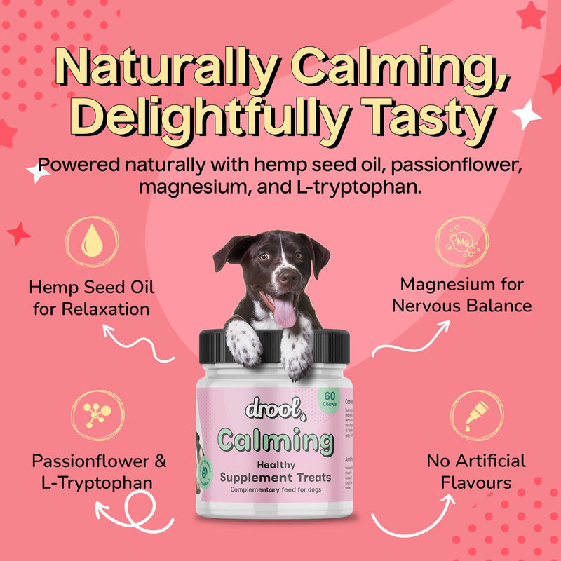 Drool Pet Products | Calming Dog Treats for Anxiety Relief | Natural Beef-Flavoured Dog Calming Supplement for Stress, Fireworks, Travel & Separation | Anxiety Relief for Dogs | 180g (60 Tablets)
