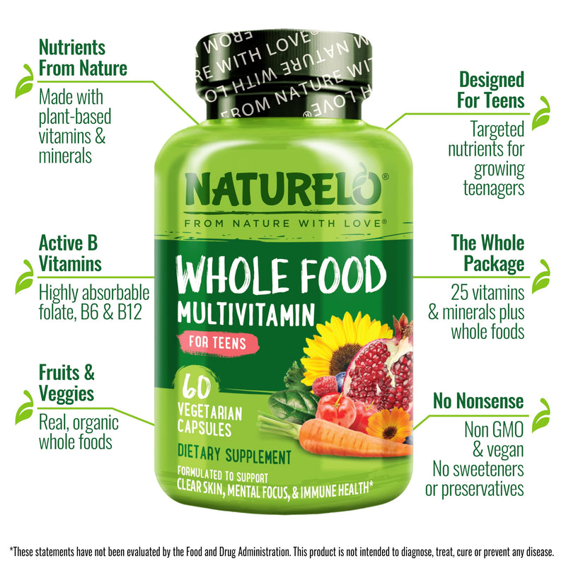 NATURELO Teen Multivitamin - Whole Food Multivitamin - with Minerals for Teenage Boys & Girls - Supplement for Active Kids - Non-GMO - Vegan & Vegetarian - 60 Capsules Unflavored 60 Count (Pack of 1)
