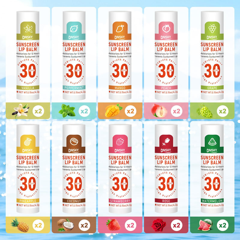 SPF 30 Sunscreen Lip Balm 20 Pack, Clear No White Cast, 10 Flavors | Protect Dry Chapped Lips with Vitamin E and Beeswax, Broad Spectrum SPF Lip Balm for Travel