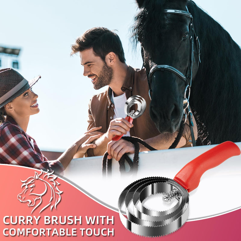 4 Rings Curry Comb Horse Brush - Reversible Stainless Steel Curry Comb Horse Brush Scraper With Handle - Double Sided Horse Shedding Tool for Dog Sheep Horse Grooming Supplies (Red) Red