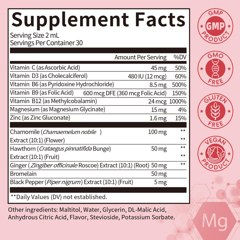 Magnesium Glycinate Liquid Drops for Stress Relief and Digestive Comfort | Magnesium Glycinate Liquid, Fast Absorption, Non-GMO, Vegan Formula, Sugar Free, Strawberry Flavor, 2 Fl OZ