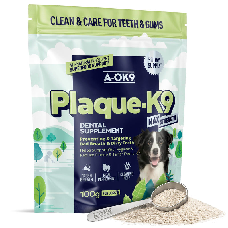 Plaque-K9 | Dental Care Supplement for Dogs | Removes Plaque, Bad Breath & Tartar | Support Oral Hygiene | Natural Ingredients & Superfoods | Mix with Dog or Puppy Food | Absolute Dogs 1 pouch