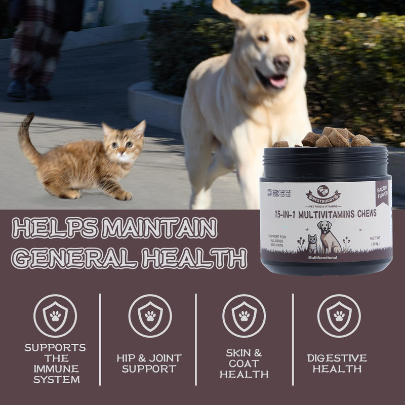 Best Buddy Multivitamin 15-in-1 Treats for Dogs I Cats, Complete Health Supplement Joint Support + Digestive Enzymes, Grain Free Dog Vitamins and Supplements for Skin & Coat (Bacon/Pork, 225g) Bacon