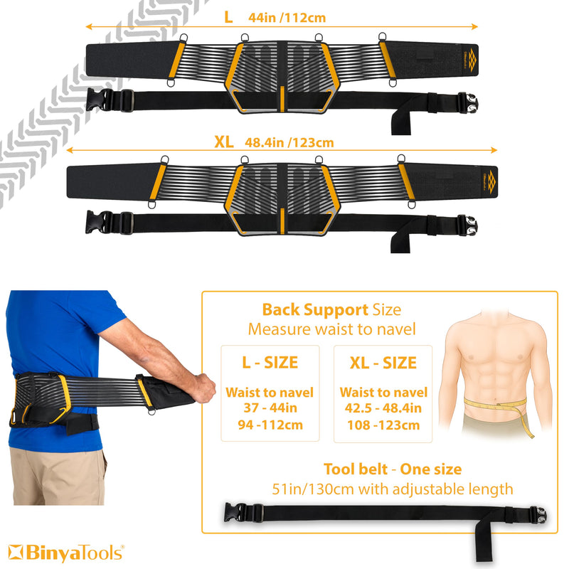 BINYATOOLS Tool Belt with Lumbar Back Support for Tradesman Pro Construction Electrician 2" Tool Belt for Men Orthopedic Lower Back Brace for Heavy Lifting Lightweight with D Rings and Pockets- XL Extra large