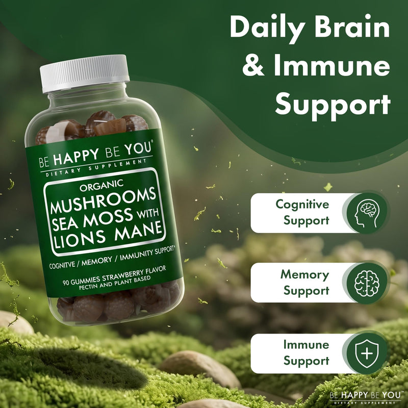 Organic Mushroom Sea Moss Gummies – Lion’s Mane, Reishi, Chaga, Cordyceps, Coriolus & Irish Moss – Cognitive & Immune Support – Vegan, Gelatin-Free, Pectin-Based – Watermelon – 90 Ct