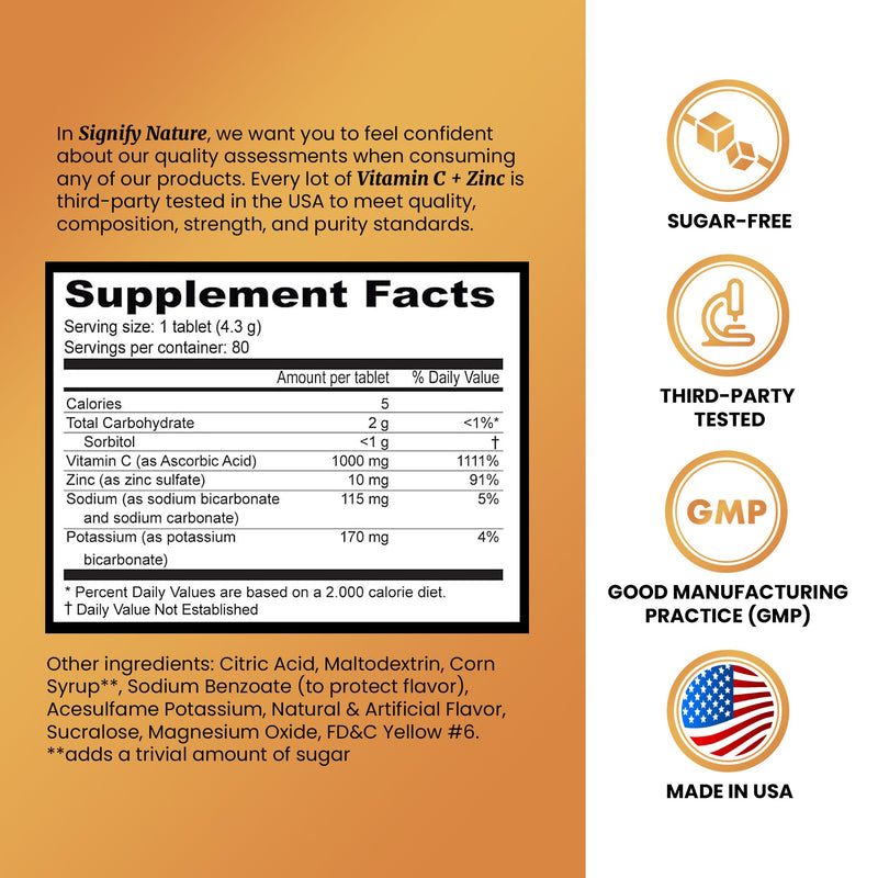 SIGNIFY NATURE Vitamin C 1000mg Effervescent Tablets with Zinc, 80CT | Potent Immune Support with Zinc, Sugar-Free & Vegan, Dissolvable Fizzy Tablet, Water Soluble, Easy Daily Vitamin C Boost Orange 80 Count (Pack of 1)
