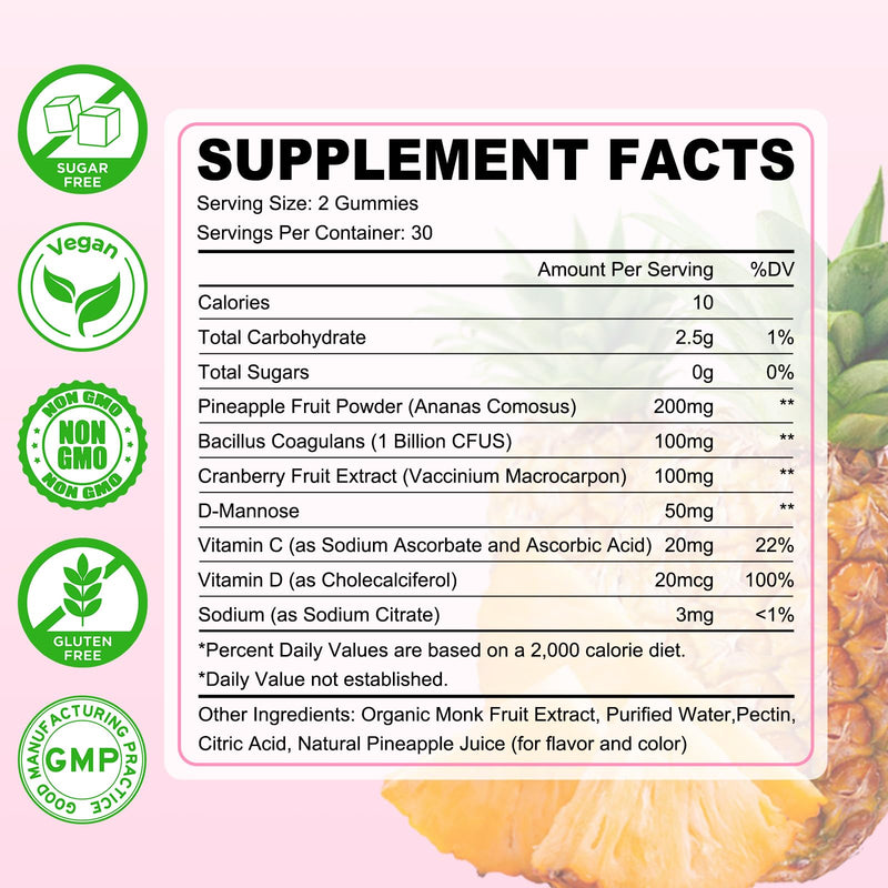 2 Pack Premium Feminine Balance Gummies for Women Sugar Free | PH Balance Supplement with Vitamin C & D For Women's Vaginal Health & Immune Support, Vegan, Pineapple Flavor, 120 Count 60 Count (Pack of 2)