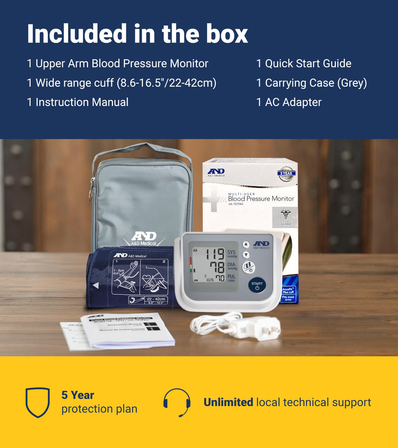 A&D Medical Multi-User Blood Pressure Monitor for Home Use UA-767FAC – Wide Range Cuff (8.6-16.5” / 22-42cm), Easy to Use, Adult Upper Arm, 60 Readings Per User (4 Users), AC Adapter, FSA/HSA Eligible Includes AC Adapter
