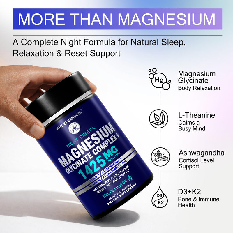 Magnesium Glycinate Complex 1425mg with Vitamin D3 5000 IU & K2 MK-7 200mcg - Magnesium for Sleep, Relax & Bone Health - Chelated Magnesium Supplement with Ashwagandha L Theanine Softgels