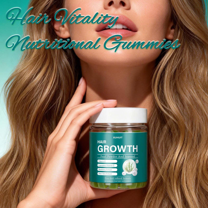 Hair Revive Gummies with Sea Moss & Pearl Powder - Supports Hair Growth, Skin Glow & Nail Strength for Women & Men - with Vitamins C, E & Aloe Vera, 60 Count (1) 1