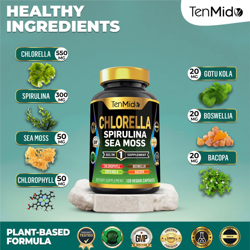 Chlorella Supplement for Men and Women - 7in1 Formula with Spirulina, Sea Moss, Chlorophyll, Gotu Kola, Boswellia & Bacopa - Immune Support - Rich in Nutrient, Vitamins - 120 Capsules