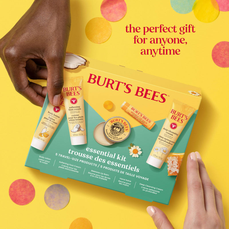 Burt's Bees Gift Ideas - Essentials Everyday Set, 5 Travel Size Products - Deep Cleansing Cream, Hand Salve, Body Lotion, Foot Cream and Original Lip Balm Everyday Essentials Set- New