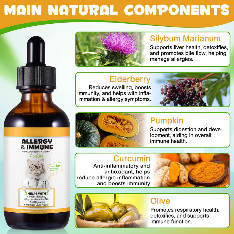 Cat Itchy Skin Relief, Antihistamine for Cats With Elderberry + Vitamin C, Antibiotics for Cats 100% Natural Ingredients 60ml