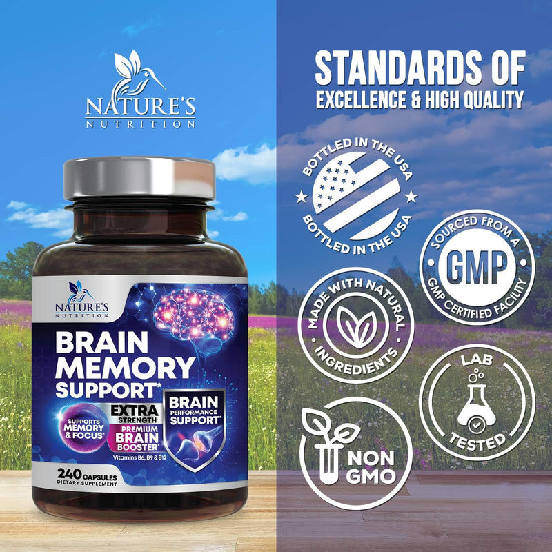 Brain Memory Supplement Pills - 3X Strength Nootropics for Concentration, Clarity & Focus Support - Brain Health Cognitive Vitamins with Bacopa, Phosphatidylserine & DMAE, Brain Booster - 240 Capsules 240 Count (Pack of 1)