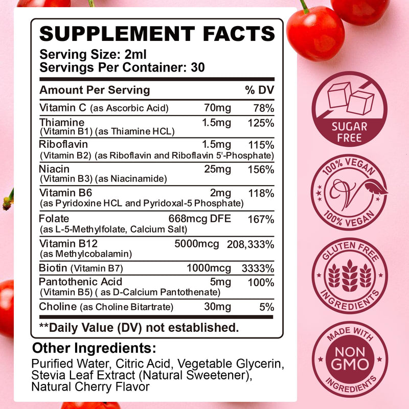 CFILIHTC Vitamin B Complex Liquid Drops, B Vitamins Complex Supplement with B1, B2, B3, B5 B6, B7, B9 & Methyl B12 Drops for Adults & Kids, Vegan, Cherry Flavor 2 Fl Oz (Pack of 1)