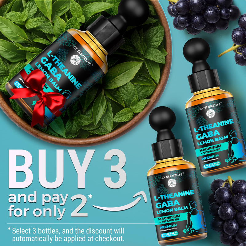 KEY ELEMENTS Liquid GABA with L Theanine Supplement | GABA 500mg and L-Theanine 200mg with Lemon Balm Extract and Magnesium with Vitamin B6