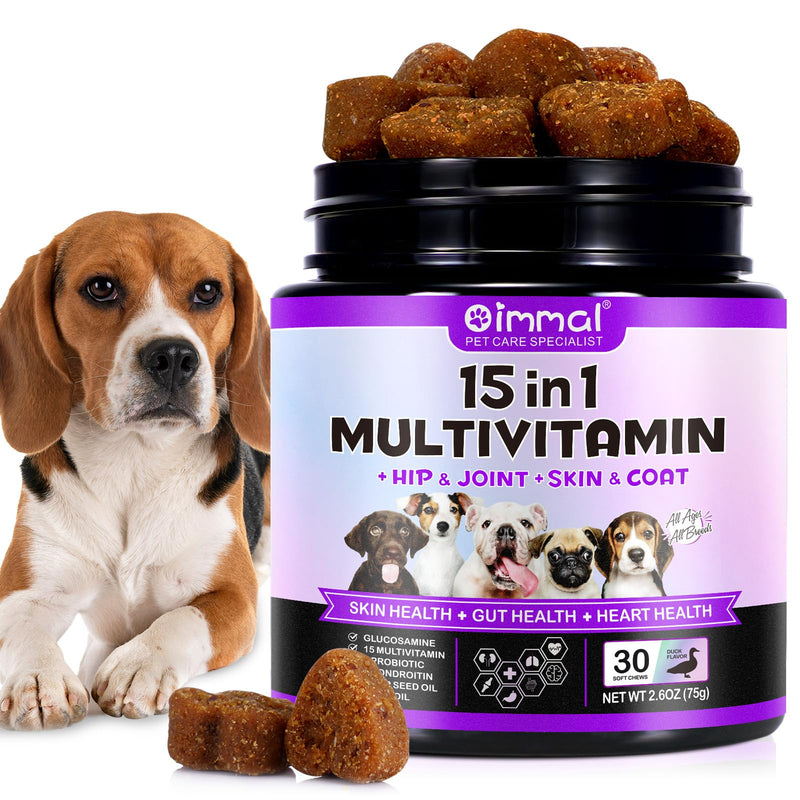15 in 1 Dog Multivitamin Chewable, Vitamins & Supplements for Dogs, Support Health- Skin, Hip & Joint Supplements, Dog Multivitamin Chewable for All Ages All Breeds(30 Chews Duck Flavor)