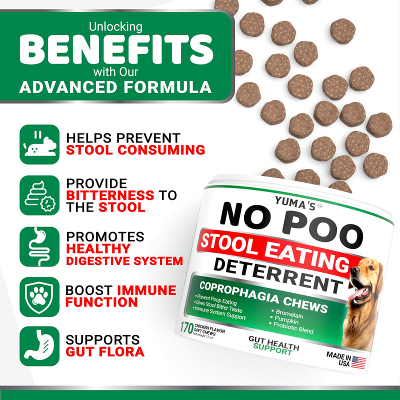No Poo Chews for Dogs - Coprophagia No Poop Eating Deterrent for Dogs - Stop Eating Poop for Canine - Probiotics & Digestive Enzymes Supplement - Made in USA 170 Treats