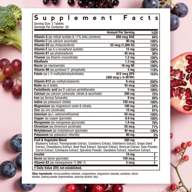 Doctor's Recipes Women’s Multivitamin, Complete Methylated Multivitamins, Vitamin A, C, D, E, B12, Iron, Inositol & Superfood, Hair Growth, Immune, Energy, Blood, Ages 18+, Easy to Swallow, 60 Tablets