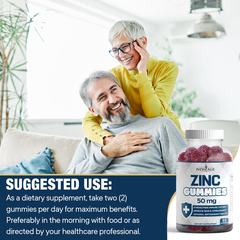 Zinc Gummies - 2 Pack - 50mg High Immune Booster Zinc Supplement, Immune Defense, Powerful Natural Antioxidant, Non-GMO - by New Age, 120 Count 60 Count (Pack of 2) - BeesActive Australia