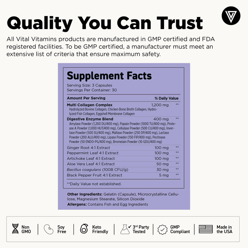 Vital Vitamins Multi Collagen Complex Plus + Gut, Probiotics & Enzymes | 5 Collagen Types I, II, III, V & X with Digestive Enzyme Blend, 3 Billion CFU Probiotic & Gut Botanicals, 90 Capsules 90 Count (Pack of 1)