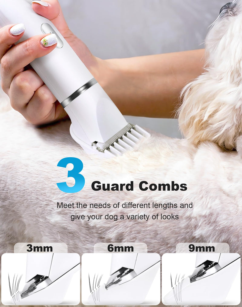 3 in 1 Small Dog Grooming Kit, 2 Speed Rechargeable Dog Hair Clippers with Guards, Low Noise Electric Dog Paw Trimmer & Nail Grinder, Cordless Pet Shaver for Small Dogs and Cats(White) White - BeesActive Australia