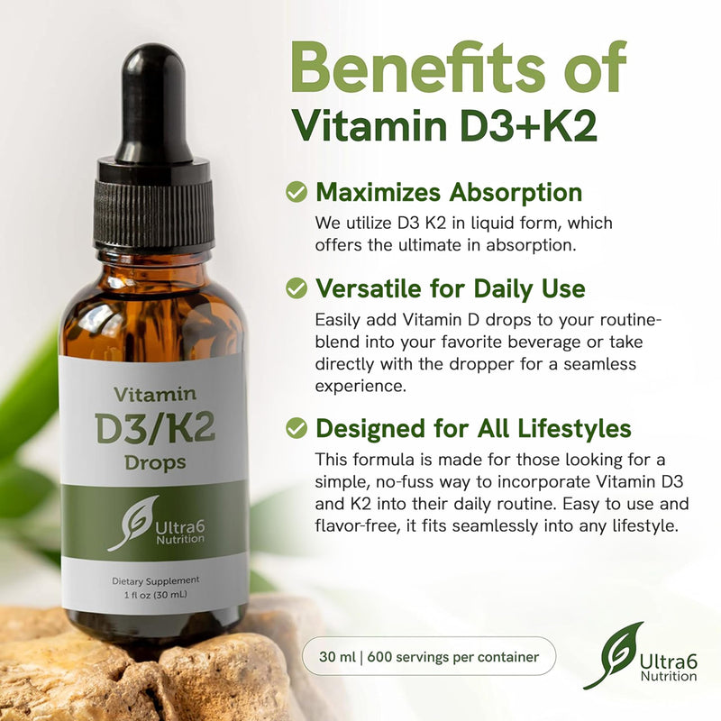 Ultra6 Nutrition Vitamin D and K2 Drops - Liquid Vitamin D3 with K2 Supplements for Adults - Easy-to-Take, Flavor-Free, Highly Absorbable VIT D3 and K2 Supplements, Made in USA (30 ml)