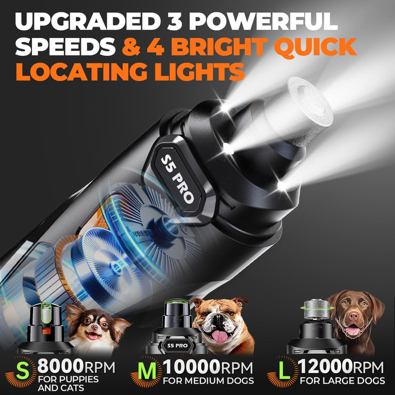 Whisper Quiet Dog Nail Grinder with 4 LED Lights, Safe & Stress-Free for Sensitive Dogs Cats of All Breeds & Sizes, 3 Grinding Bits, 3-Speed, Pet Nail Trimmers, Rechargeable Painless Grooming Kit Black