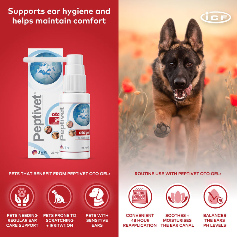 ICF | Peptivet OTO Gel Ear Cleaner Gel for Dogs & Cats | Antibacterial Anti-fungal Yeast Management | Red Itchy Skin Relief | Easy to Use | 25 ml