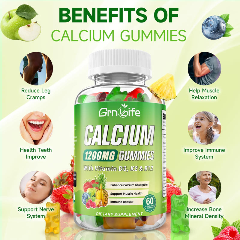 2 Pack Calcium Citrate 1200mg with Vitamin D3 Supplements Gummies for Women & Men, Calcium Gummies with Vitamin D3 K2 & B12, High Absorption for Muscle & Immune, Mixed Flavors, 120 Count 120 Count (Pack of 1)