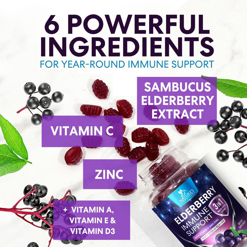 Elderberry Immune Support Gummies - 3X Strength Black Elderberry Gummy with Vitamin C, D3 and Zinc for Kids & Adults - Immune Health Support Supplement Gummy, Black Elder Berry Vitamins - 60 Gummies 60 Count (Pack of 1)