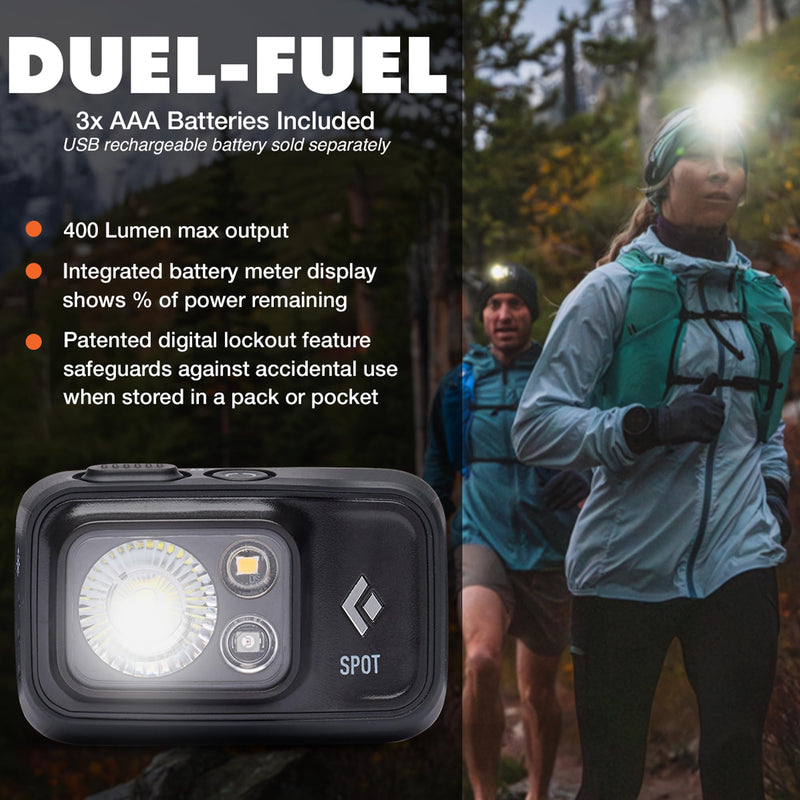 BLACK DIAMOND Spot 400 Headlamp | 400 Lumens Brightness, Dimmable | Waterproof & Durable | 3X AAA Battery Operated (Included) | Black - BeesActive Australia