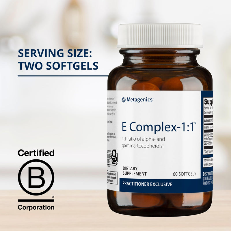 Metagenics E Complex-1:1 - Tocopherol Vitamin E Blend - High Potency Vitamin E - Antioxidants Supplement* - with Gamma-, Delta- & Beta-Tocopherols - Gluten-Free - 60 Softgels - BeesActive Australia